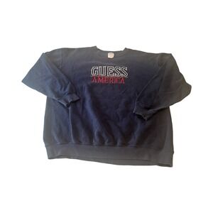 VTG Guess America Navy Crewneck Mens M Embroidered Spellout‎ Sweatshirt USA